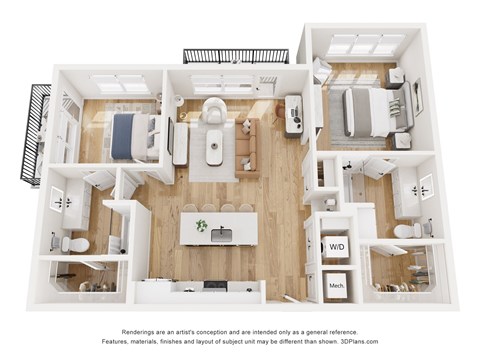Floor plan for 2 beds, 2 baths, 1064 sqft